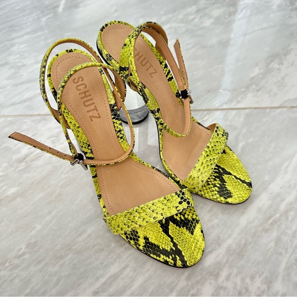 New Schutz Valencia neon green/yellow snake print block heel sandals - Picture 3 of 8